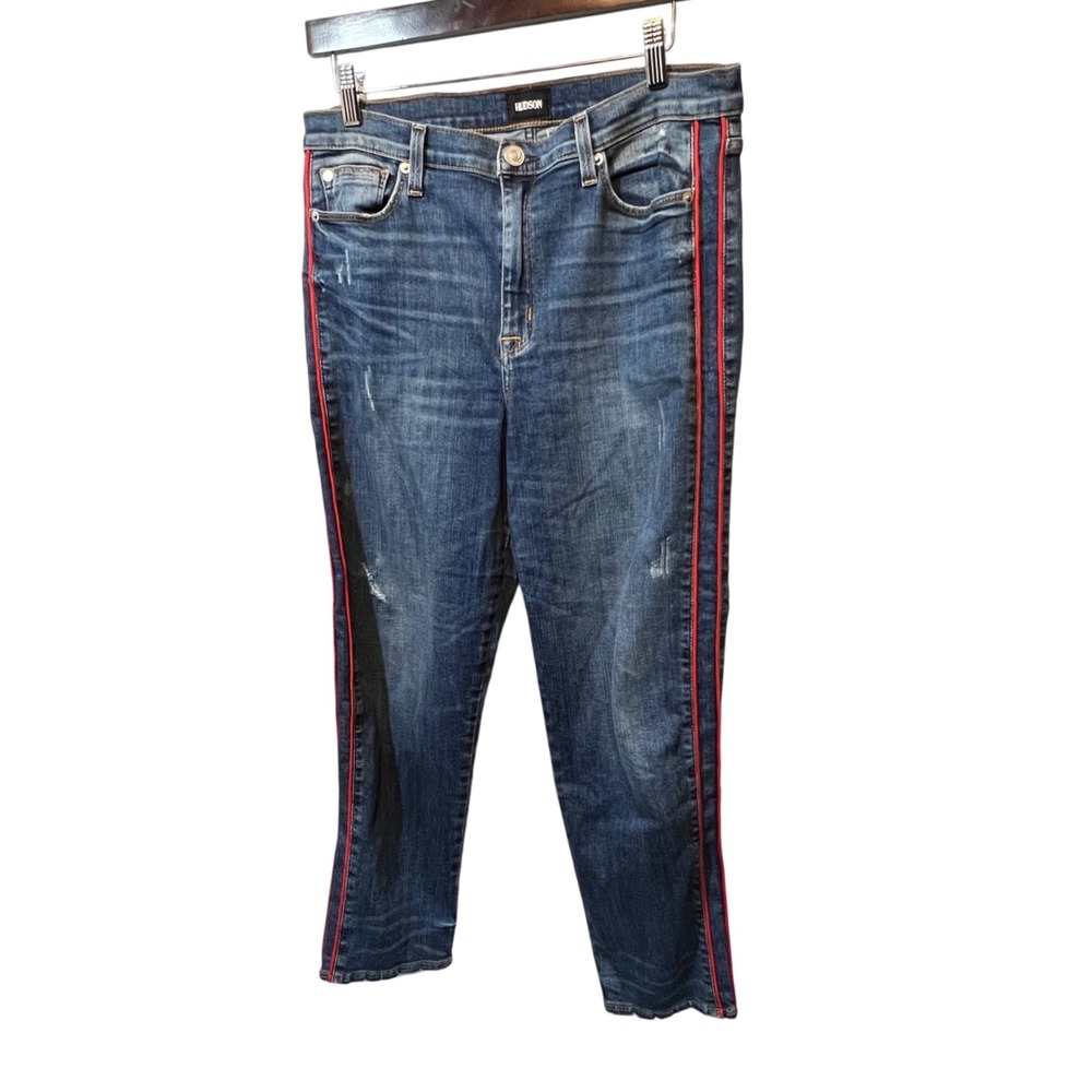 Hudson Zoey Ankle Straight Jeans‎ Size 30 Red Stripe Dark Wash Denim